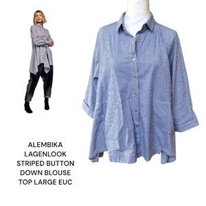 ALEMBIKA STRIPED BUTTON DOWN LAGEN LOOK ANGULAR BLOUSE LARGE EUC